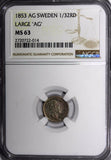 SWEDEN Silver 1853 AG 1/32 Riksdaler Large "AG" NGC MS63 NICE TONING KM# 681 (4)