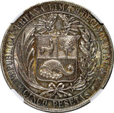 Peru Silver 1880 BP 5 Pesetas No Dot 37mm NGC AU58 Nice Toned KM# 201.1 (007)