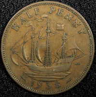 Great Britain George VI Bronze 1938 1/2 Penny  KM# 844 (24 228)