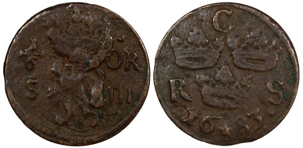 SWEDEN Carl XI (1660-1697) Copper 1683 1/6 Ore S.M. KM# 254 (20 995)