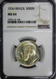 Brazil Silver 1936 5000 Reis NGC MS64 PROOF LIKE SURFACES.NICE TONED KM# 543/198