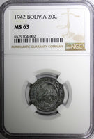 Bolivia Zinc 1942 20 Centavos NGC MS63 TOP GRADED BY NGC  WWII KM#183 (2)