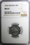 Bolivia Zinc 1942 20 Centavos NGC MS63 TOP GRADED BY NGC  WWII KM#183 (2)