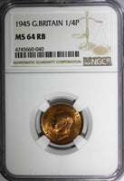Great Britain George VI Bronze 1945 Farthing NGC MS64 RB RED TONING KM# 843 (40)