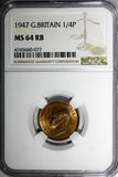 Great Britain George VI Bronze 1947 Farthing NGC MS64 RB KM# 843