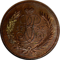 RUSSIA Elizabeth Copper 1757 Denga 1/2 Kopeck NGC MS64 RB Bit-502 (R2) KM# N30