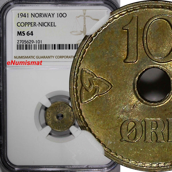 Norway Haakon VII Copper-Nickel 1941 10 Øre NGC MS64 WWII Issue KM# 383 (101)