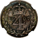 Great Britain Edward VII Silver 1907 4 Pence NGC MS61 Nice Toning KM# 798 (083)