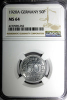 Germany, Weimar 1920 A 50 Pfennig NGC MS64 GEM BU Berlin Mint KM# 27  (052)