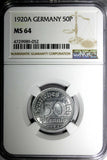 Germany, Weimar 1920 A 50 Pfennig NGC MS64 GEM BU Berlin Mint KM# 27  (052)