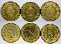 Finland Aluminum-Bronze LOT OF 3 COINS 1938,1939  20 Markkaa  KM# 32  (893)