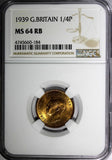 Great Britain George VI  Bronze 1939 Farthing NGC MS64 RB NICE TONING KM# 843(4)