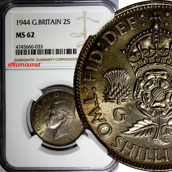 Great Britain George VI Silver 1944 Florin 2 Shillings NGC MS62 TONED KM#855 (3)