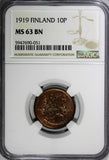 Finland Copper 1919 10 Pennia NGC MS63 RB 1st Year Type TOP GRADED KM# 24 (051)