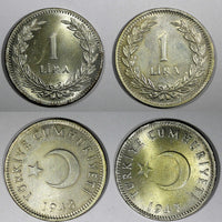 Turkey LOT OF 2 COINS Silver 1947,1948 1 Lira High Graded Toned KM# 883 (20 634)