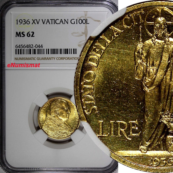 Vatican City Pius XI Gold 1956 XV 100 Lire NGC MS62 5.19g.Mint-1,000 KM# 53.2