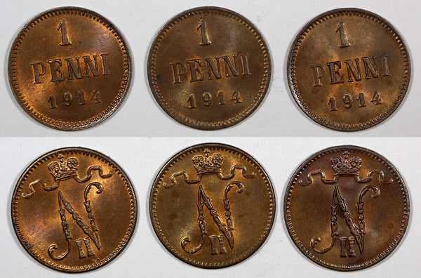 FINLAND Nicholas II LOT OF 3 COINS Copper 1914 1 Penni  UNC KM#13 (20 881)