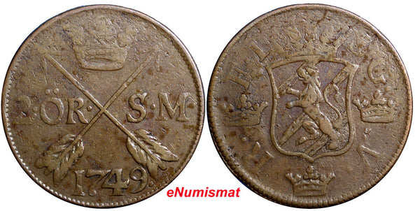 SWEDEN  Frederick I 1749 2 Ore,S.M Low Mintage:313,000 Avesta Mint. KM#437 (516)