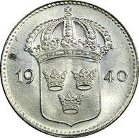 Sweden Gustaf V (1907-1950) Silver 1940 G 10 Öre GEM BU KM# 780 (22 074)