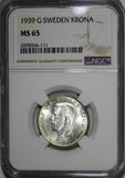 SWEDEN Gustaf V Silver 1939-G 1 Krona NGC MS65 GEM BU  KM# 786.2