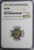 DENMARK Christian X SILVER 1917 25 Øre NGC AU58 WWI Issue SCARCE DATE KM815.1(7)