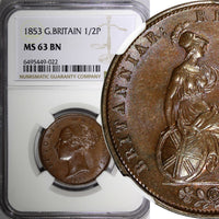 Great Britain Victoria Copper 1853 1/2 Penny NGC MS63 BN Nice Toned KM#726 (22)