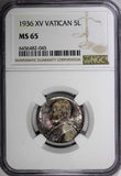 Vatican City Pius XI Silver 1936 5 Lire NGC MS65  RAINBOW TONED  KM# 7 (45)