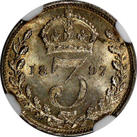 Great Britain Victoria Silver 1897 3 Pence NGC MS64 Light Toned KM# 777 (006)