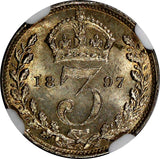 Great Britain Victoria Silver 1897 3 Pence NGC MS64 Light Toned KM# 777 (006)
