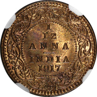 India-British George V Bronze 1917 (C) 1/12 Anna NGC MS65 RB KM#509 (009)