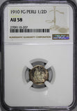 PERU Silver 1910-FG 1/2 Dinero NGC AU58 NICE TONING Mintage-640,000 KM# 206.2