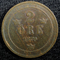 Sweden Oscar II Copper 1879 2 Ore  KM# 746   (23 141)