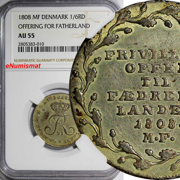 Denmark Frederik VI 1808-MF 1/6 Rigsdaler NGC AU55 Offering Fatherland KM#664(0)