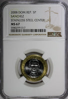 Dominican Republic Sánchez 2008 5 Pesos Magnetic NGC MS67 GEM BU  KM# 89 (017)