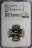 Dominican Republic Sánchez 2008 5 Pesos Magnetic NGC MS67 GEM BU  KM# 89 (017)