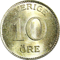 SWEDEN Gustaf V Silver 1917 W 10 Öre Light Toned ch.UNC KM# 780 (22 138)