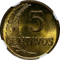 Peru Brass 1956 5 Centavos Thin Planchet NGC MS65 TOP GRADED KM# 223.2 (040)