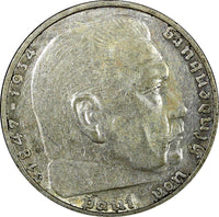 Germany - Third Reich Silver 1938 G 2 Reichs Mark Hindenburg KM# 93 (22 296)
