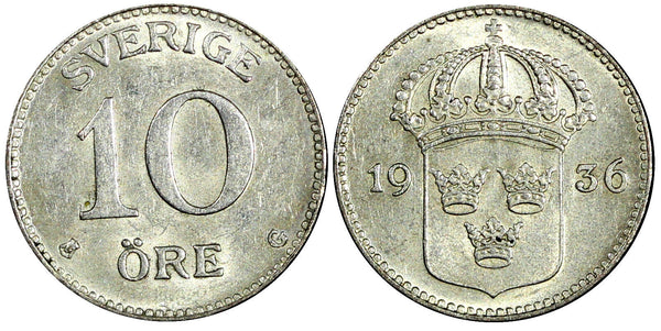 SWEDEN Gustaf V Silver 1936 G 10 Öre Long"6" UNC KM# 780 (22 140)