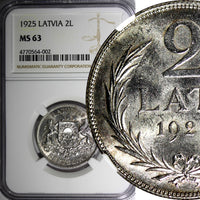 Latvia Silver 1925 2 Lati NGC MS63 2 YEARS TYPE 27mm Royal Mint, London KM# 8(2)