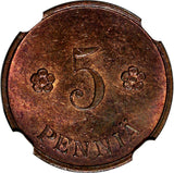 Finland Copper 1935 5 Penniä NGC MS63 RB TOP GRADED BY NGC KM# 22 (033)