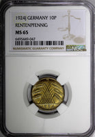 Germany 1924 J 10 Reichspfennig NGC MS65 ONLY 1 GRADED HIGHEST KM# 40 (047)