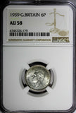 GREAT BRITAIN George VI Silver 1939 6 Pence NGC AU58  KM# 852