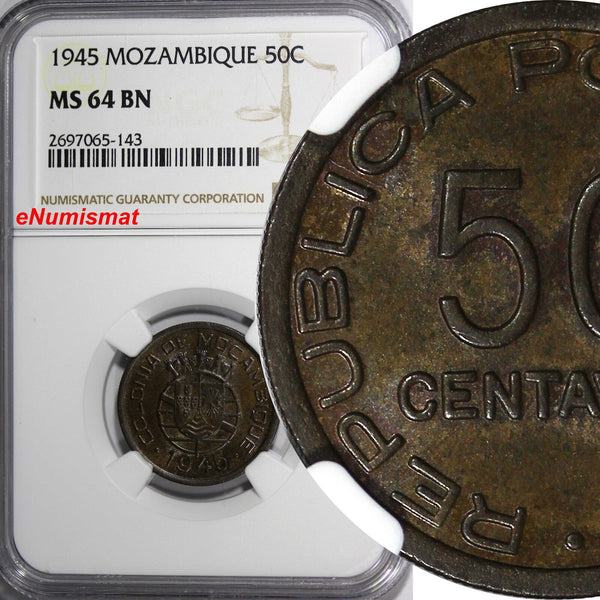 Mozambique Portuguese Bronze 1945 50 Centavos NGC MS64 BN 1 YEAR TYPE KM# 73(43)