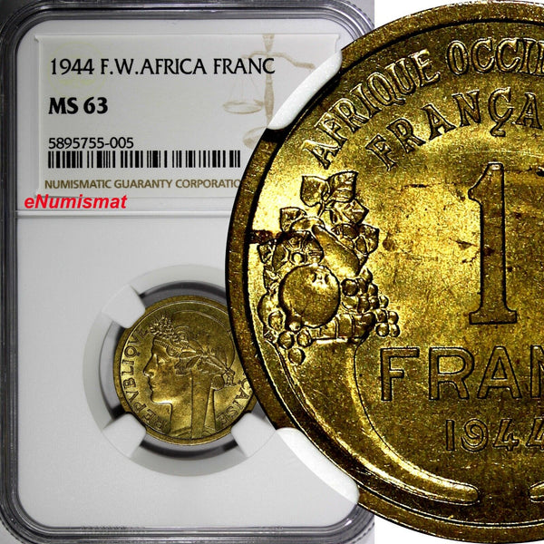 French West Africa Aluminum-Bronze 1944 1 Franc NGC MS63 Laureate Head KM#2 (5)