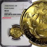 France 1950 20 Francs NGC MS65 4 plumes TOP GRADED BY NGC  KM# 916.2 (32)