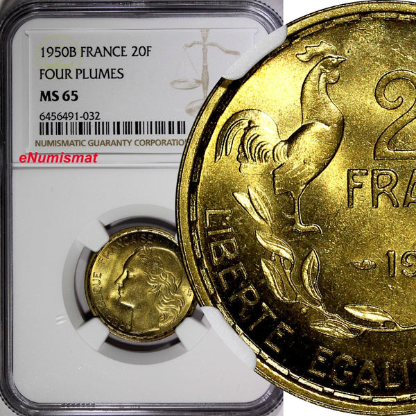 France 1950 20 Francs NGC MS65 4 plumes TOP GRADED BY NGC  KM# 916.2 (32)