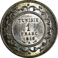 TUNISIA Muhammad al-Nasir Bey Silver AH1335/1916-A 1 Franc UNC Toning KM# 238