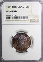 Portugal Luiz I Bronze 1884 10 Reis NGC MS64 RB NICE TONING KM# 526 (007)