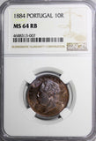 Portugal Luiz I Bronze 1884 10 Reis NGC MS64 RB NICE TONING KM# 526 (007)